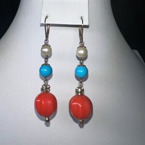 Vintage Orange Red Turquoise Pearl Colored Beaded Dangle Earrings Leverback